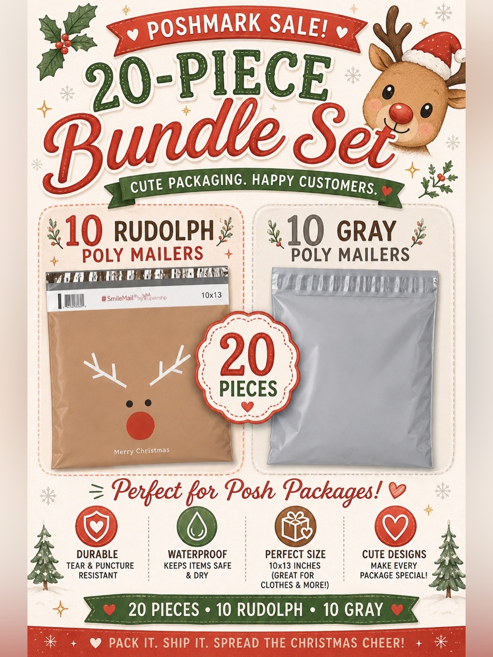 Smile Mail 20-Piece Rudolph & Gray Poly Mailer Bundle - Brown (Rudolph) & Gray